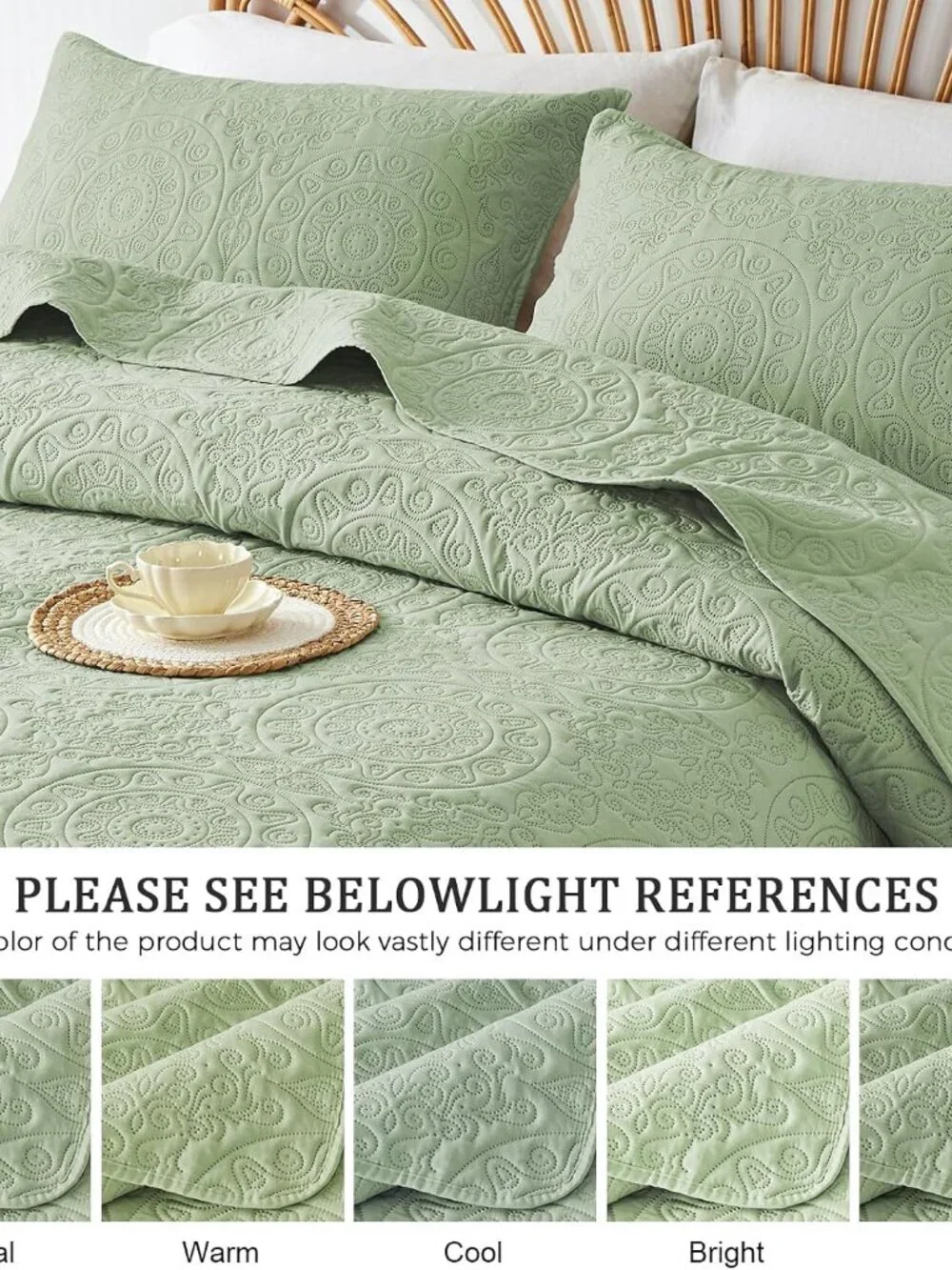 Sage Green Quilt Set - 3-Piece Reversible Bedspread